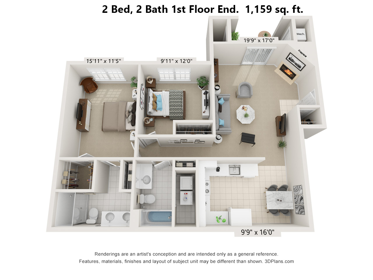 2 Bedroom, 2 Bath first floor end unit floorplan 1,159 sq. ft.