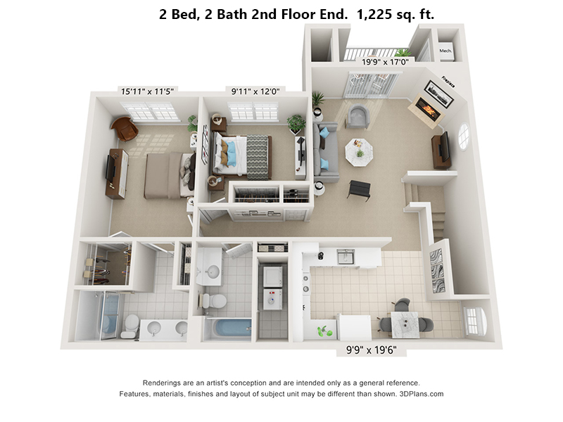 2 Bedroom 2 bath 2nd floor end unit floorplan 1,225 sq. ft.