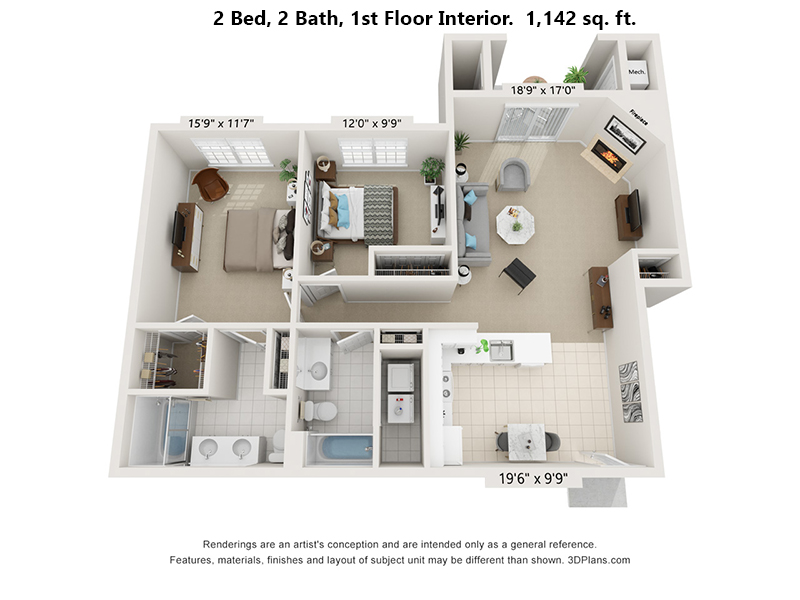 2 Bedroom, 2 Bath first floor interior floor plan, 1,142 sq. ft
