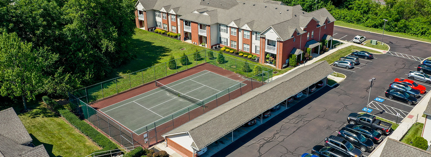 Aerial view of the tennis court at Lakeview Park